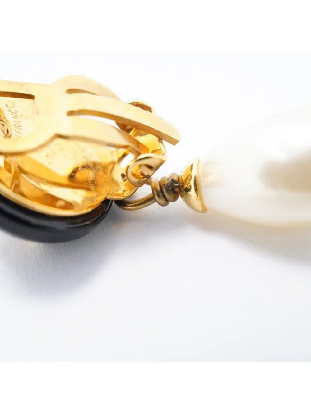 Chanel Earrings Vintage CC Logo Gold Plated Faux Pearl Black